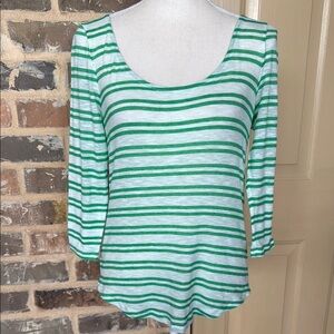 Ann Taylor Green White Nautical Striped Top Lightweight 3/4 Sleeve Sz S